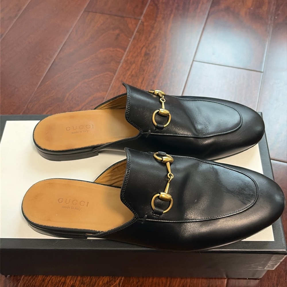 Gucci black flat mules gold hardware size 7.5 - Picture 2 of 12